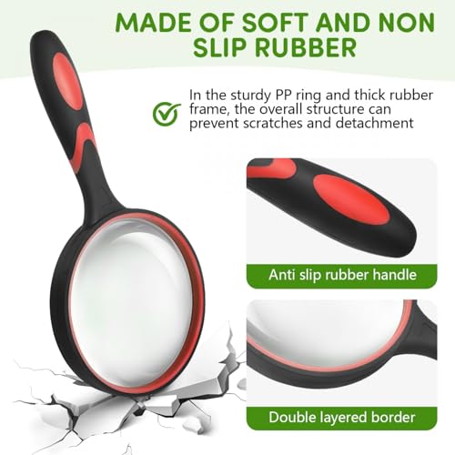 SenseYo 10X Handheld Magnifying Glass 9 Inch Large Reading Magnifier with Scratch Resistant Glass Lens for Kids Seniors Hobby Nature Exploration Scientific Activities (Red) - color: Red 1pcs