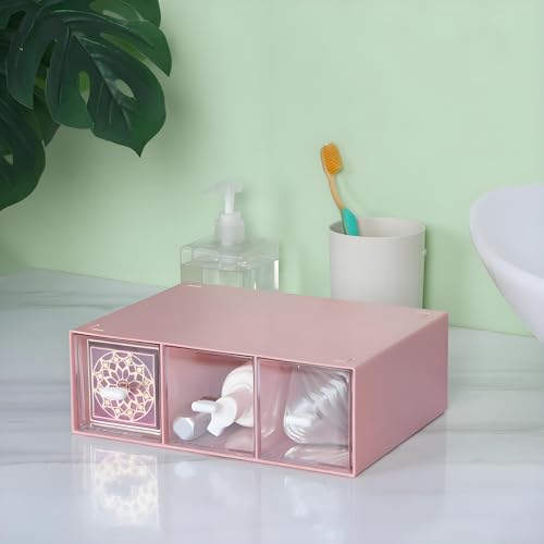 Desk Organizer 3 Drawers, Stackable Makeup Organizer, Small Toolbox - color: 1 Tall Layer & 3 Drawers, Pink