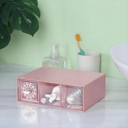 Desk Organizer 3 Drawers, Stackable Makeup Organizer, Small Toolbox - color: 1 Tall Layer & 3 Drawers, Pink