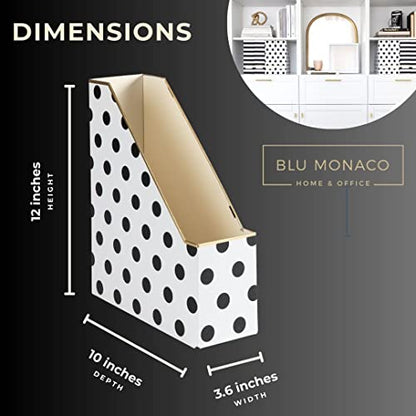 BLU MONACO | Cardboard Magazine File Holder Set of 4 | Vertical Magazine File Holder for Desk and Shelves | Standing File Holder for Classroom School Paper Storage - color: Gold Dots Black Stripes