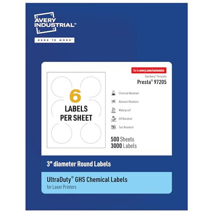 Avery UltraDuty GHS Labels, Waterproof, 3" White Round Labels, 3000 Total, Use with Laser Printers - size: 3", style: 3,000 labels