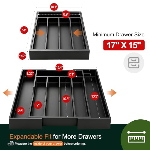 Expandable Bamboo Kitchen Drawer Organizer for Cutlery and Utensils, Adjustable Bamboo Wood Cutlery Tray in Drawer for Flatware and Silverware in Kitchen, (Black) - color: Black, size: 7 Slots Expandable