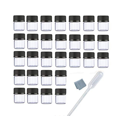50pcs 1ML 1/4 Dram Mini Clear Glass Essential Oils Vial Small Sample Bottles with Black Caps for Essential Oils Chemistry Lab Chemicals Colognes Perfumes Pipette droppers as Gift