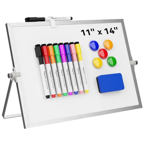 Dry Erase White Board, Cazeyoo Magnetic Desktop Whiteboard 11 x 14inch with Stand, 8 Markers, 4 Magnets and 1 Eraser, Portable Double-Sided White Board for Kids Drawing, Office, Home, School - color: Metal, size: 11x14Inch