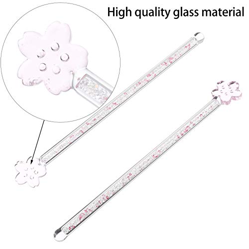Toyvian Cherry Blossom Glass Stirring Rods 2-Pack 6.88 Inch Reusable Tea Juice Wine Swizzle Sticks with Decorative Handle for Home Bar and Restaurant