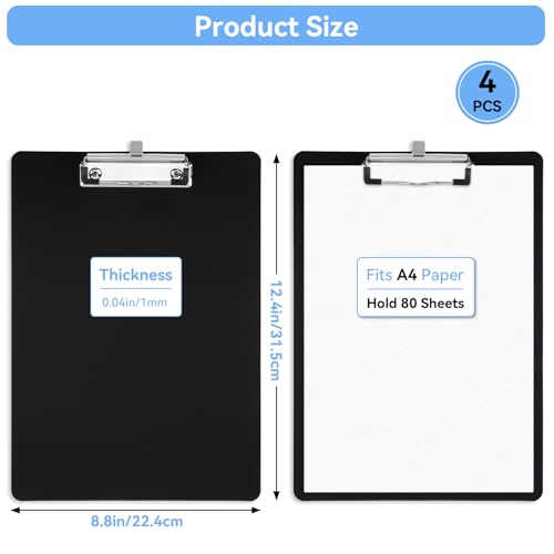 Plastic Clipboard 8.8x12.4in Fit A4 8.5x11 Letter Size, 4 Pcs Sturdy Clip Board Stylish & Convenient with Pen Storage Holder Loop, Waterproof Writing Accessory for Daily Office Working Home Use - color: Black, size: 8.8x12.4in - A4