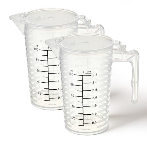 100ml Plastic Graduated Beaker, 2 Pack Liquid Measuring Cup with Handle with Lid, Measuring Pitcher Measure Containers for Liquid Mixing, Pet Food, Motor Oil, Laboratory, Kitchen