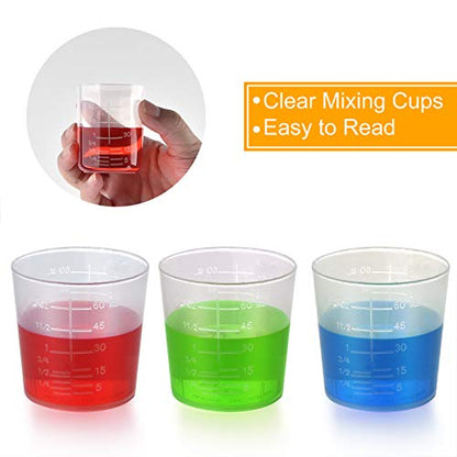 Coopay 100 Pack 60ml/2oz Plastic Graduated Cups Transparent Scale Cups Clear Epoxy Mixing Cylinder with 100 Pack Wooden Stirring Sticks for Resin, Epoxy, Stain, Mixing Paint - size: 60ml