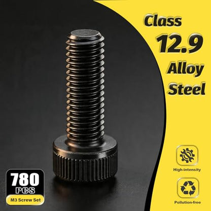 780PCS M3 Hex Socket Screw Assortment Kit,M3x6/8/10/12/16/20/25/30 mm - size: M3 780Pcs