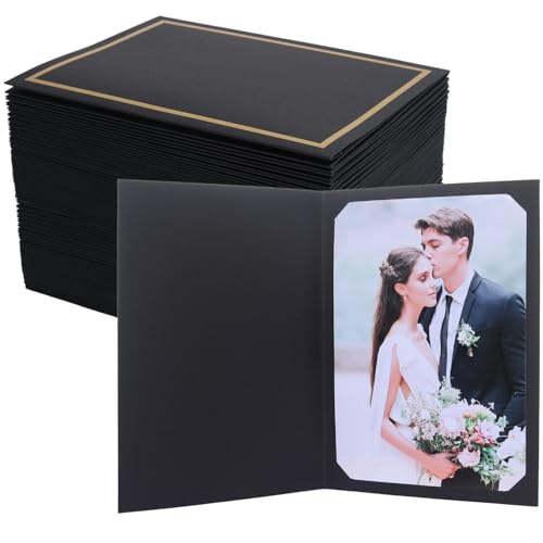 200 Count Photo Folders for 4x6 or 5x7 Pictures,Paper Picture Frames,Cardboard Greeting Photo Frame Cards for Graduation Wedding Birthday Classroom DIY (Black with Gold Trim) - style: 200CT-Black