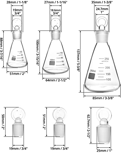QWORK Borosilicate 3.3 Glass Erlenmeyer Flask Set (50, 100 and 250ml), 3 x Graduated Conical Flask with Glass Stopper for Lab, Experiment, Chemistry - color: 1 Set