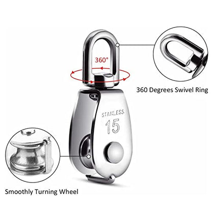 YAMASO,10Pcs 304 Stainless Steel M15 Silver Single Pulley Block Wire Rope Hanging Wire Towing Wheel - size: M15-10pcs