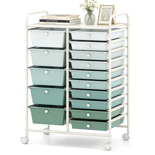 COSTWAY 15 Drawer Rolling Storage Cart, Mobile Storage Organizer - color: Green Gradient, size: 15 Drawer