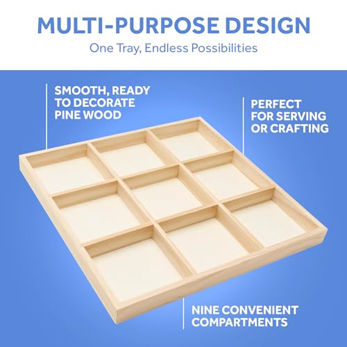 DIY Square Wooden Divided Serving Tray 12 x 12-inch, Pack of 5 9-Section Candy Tray for Vegetable & Fruit Party Platters, by Woodpeckers - size: 12" x 12" 9 Part