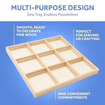 DIY Square Wooden Divided Serving Tray 12 x 12-inch, Pack of 5 9-Section Candy Tray for Vegetable & Fruit Party Platters, by Woodpeckers - size: 12" x 12" 9 Part