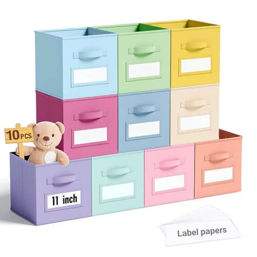 10 Pack Fabric Storage Cubes with Label 11" Collapsible Cube Bins, Macaroon - color: Macaroon, size: 11 Inch