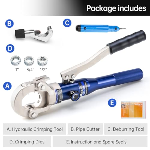 Copper Tube Fittings Hydraulic Pipe Crimping Tool with 1/2",3/4" and 1" Jaw Copper Pipe Press Crimper Pressing Pliers, with Pipe Cutter