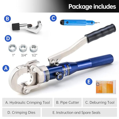 Copper Tube Fittings Hydraulic Pipe Crimping Tool with 1/2",3/4" and 1" Jaw Copper Pipe Press Crimper Pressing Pliers, with Pipe Cutter