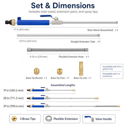QWORK High Pressure Power Washer Wand, 39 Inch Water Hose Nozzle with Flexible Extension & 3 Brass Spray Tips for Car Wash, Gutter Cleaning, Patio, Pet Bath & Window Glass
