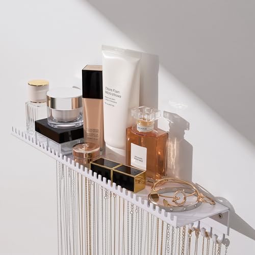 Necklace Holder Wall Hanging Organizer: Wall Mounted Jewelry Shelf with 56 Hooks and Tray, Display Hanger for Kids, Girls and Women, White & Metal - color: white