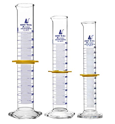 Graduated Cylinders 3 Piece Set - ASTM, Class A - 250mL, 500mL & 1000mL - Protective Collars, Hexagonal Base - Blue Graduations - Borosilicate 3.3 Glass - Eisco Labs