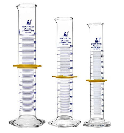 Graduated Cylinders 3 Piece Set - ASTM, Class A - 250mL, 500mL & 1000mL - Protective Collars, Hexagonal Base - Blue Graduations - Borosilicate 3.3 Glass - Eisco Labs