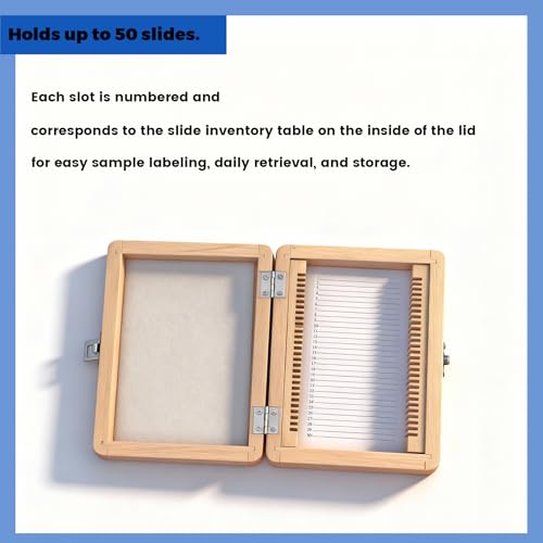 Wooden Microscope Slide Storage Box, Plastic Microscope Glass Slide Holder with Latch Lock for Lab & Education, Holds 50 Slides