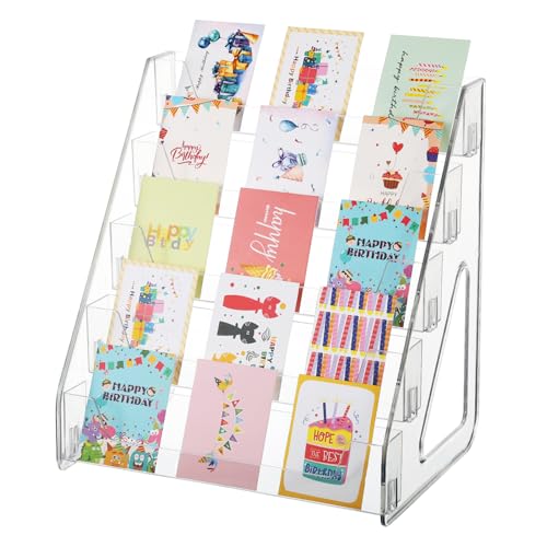 5 Tier Acrylic Card Display Stand(Tall Height), Clear Display Shelf Desktop for Trading Cards, Sports Cards, Greeting Card, Stickers & Brochures, Easy Clip-On Design - color: Clear