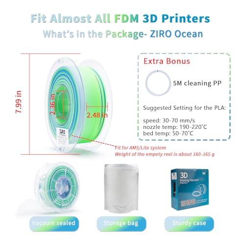 ZIRO Matte PLA Filament, 1.75mm 1kg Materal, Fit Most FDM Printer, Ocean - color: Ocean(matte)