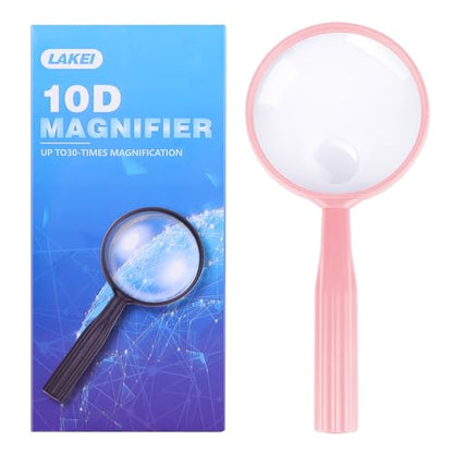 Lakei 10X Handheld Reading Magnifier Glass, Non-Slip Handle,75mm(Pink) - color: Pink, size: 75mm