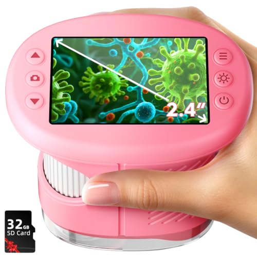 Odatay 2.4" 4K 1000X Digital Kids Microscope with 32G Card 12 Slides, Pink - color: Pink