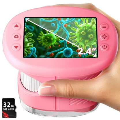 Odatay 2.4" 4K 1000X Digital Kids Microscope with 32G Card 12 Slides, Pink - color: Pink