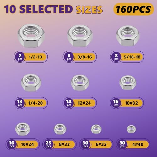 160Pcs SAE Hex Nut Assortment Kit - #4-40, #6-32, #8-32, #10-24, #10-32, #12-24, 1/4“-20, 5/16”-18, 3/8“-16,1/2”-13-304 Stainless Steel Hardware Nuts Sets for Electronics, Mechanics & DIY - size: 160Pcs SAE Mixed Sizes Silver