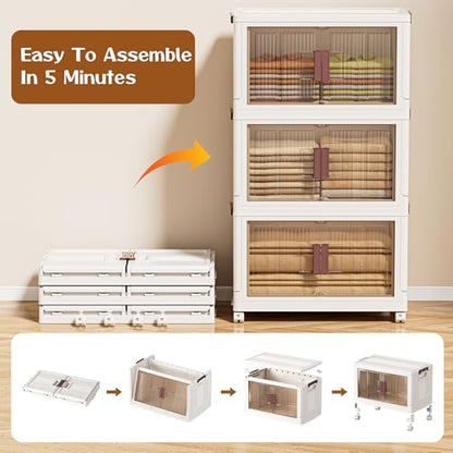60GAL/240QT 4 tier large stackable storage bins with lid and wheels, collapsible storage bins plastic with doors，suit for clothes, closet, home and office - size: 60QT, style: 4 Pack with 1 top lid