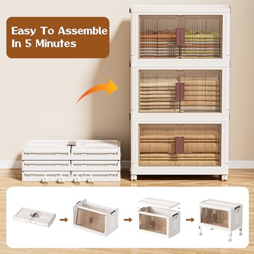45GAL/180QT 3 tier large stackable storage bins with lid and wheels, collapsible storage bins plastic with doors，suit for clothes, closet, home and office - size: 60QT, style: 3 Pack with 1 top lid