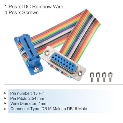 MECCANIXITY IDC Rainbow Wire Flat Ribbon Cable DB15 Male to DB15 Female 3.9 Inch Length 2.54mm Pitch Breadboard Jumper Wires for Electronic Projects - size: 3.9 Inch, style: DB15 Male to DB15 Female