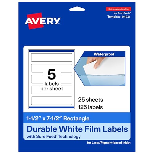 Avery® Printable Durable White Rectangle Labels, Sure Feed® Technology, 1.5" x 7.5", Print-to-the-Edge, Waterproof Labels, Laser & Pigment-Based Inkjet Compatible, 125 Total - style: 125 labels