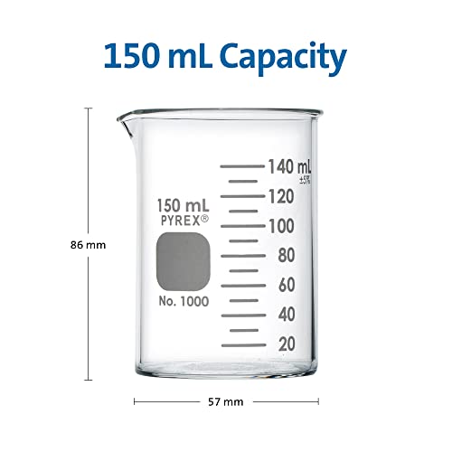 PYREX Griffin Borosilicate Glass Beaker- Low Form Graduated Measuring Beaker with Spout– Premium Scientific Glassware for Laboratories, Classrooms or Home Use- PYREX Chemistry Glassware, 150mL, 12/Pk - size: 150 mL