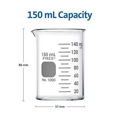 PYREX Griffin Borosilicate Glass Beaker- Low Form Graduated Measuring Beaker with Spout– Premium Scientific Glassware for Laboratories, Classrooms or Home Use- PYREX Chemistry Glassware, 150mL, 12/Pk - size: 150 mL