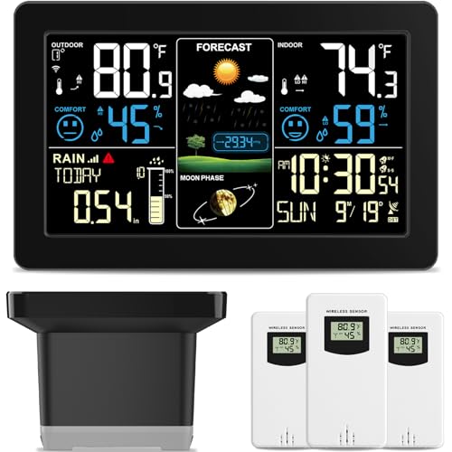 Weather Station with Rain Gauge Outdoor, Home Weather Stations Wireless Indoor Outdoor with Digital Rain Gauges, Thermometer, Barometer, Hygrometer, Atomic Clock, Weather Forecast, with 3 Sensor - color: 3 Sensor Weather Station with Rain Gauge