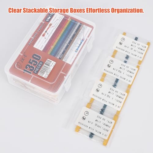 JX-E 1350-Pcs Precision Resistor Kit, 50 Values from 0 Ohm to 5.6M Ohm, 1% Tolerance, 1/4W Metal Film for Electronics & Circuits