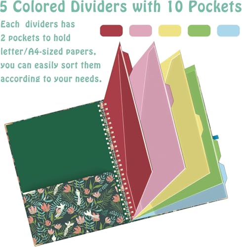 HAUTOCO Clipboard Folio with Refillable Notepad for Letter Size (11" x 8.5"), 5 Dividers with 10 Pockets, Elastic Pen Holder and File Folder Labels, Spiral Nurse Clipboard Artboard(Flower Bird) - color: Flower Bird