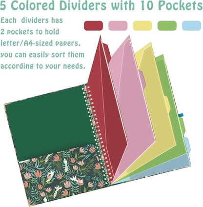 HAUTOCO Clipboard Folio with Refillable Notepad for Letter Size (11" x 8.5"), 5 Dividers with 10 Pockets, Elastic Pen Holder and File Folder Labels, Spiral Nurse Clipboard Artboard(Flower Bird) - color: Flower Bird