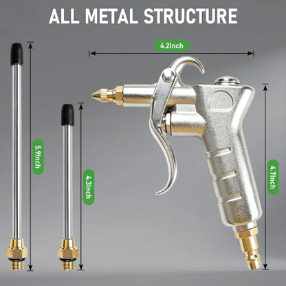 Industrial Air Blow Gun Kit, Adjustable Brass Nozzle, 2 Extensions
