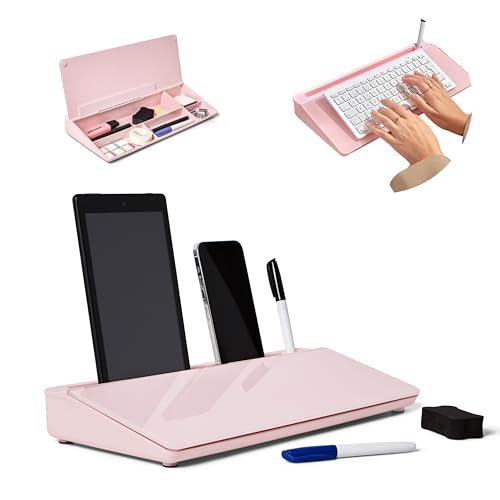 GAROOD Desktop Dry Erase Board with Storage Pink Color Desk White Board Desk Board Glass Desktop White Board with Stand Home Office Organizer Phone Holder 15.8X7X2 inches - color: Pink