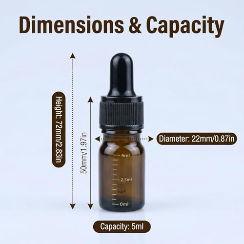 ericotry 3 Pcs 5ml 0.17oz Empty Refillable Amber Glass Graduated Dropper Bottle Essential Oil Cosmetics Elite Fluid Container Jar Pot Holder with Glass Pipette Dropper - size: 5 ml