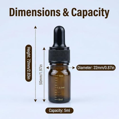 ericotry 3 Pcs 5ml 0.17oz Empty Refillable Amber Glass Graduated Dropper Bottle Essential Oil Cosmetics Elite Fluid Container Jar Pot Holder with Glass Pipette Dropper - size: 5 ml