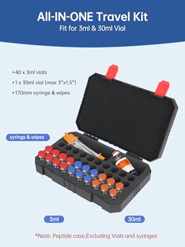 3ml Peptide Case for Fridge - 40-Slots, Insulin & Peptide Vials Storage Case for 1ml 3ml Vials, Space for 30ml BAC Water & Syringes with Needle, Portable Peptide Fridge Case (Black) - color: 40-shots×3ml + 1-slot×30ml (Black)
