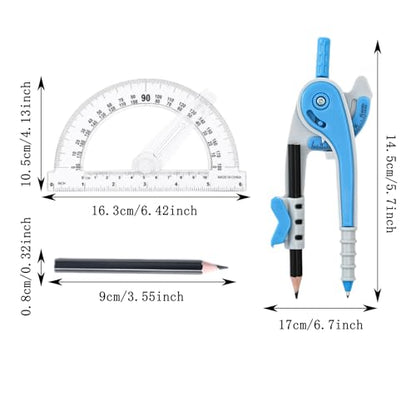 Unjoo Compass and Protractor Set, 6 Inch Protractor with Swing Arm (Blue) - color: Blue