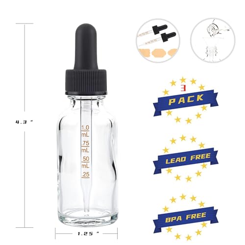 1oz 30ml Clear Glass Bottles with Graduated Dropper, 3 Pack
